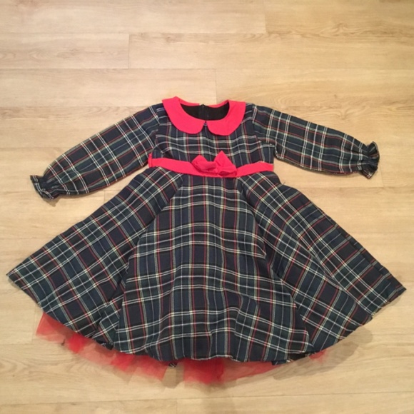 Girl’s  Long Sleeve Bowknot Checked Tutu Princess A-Line Party Dress - Picture 3 of 8